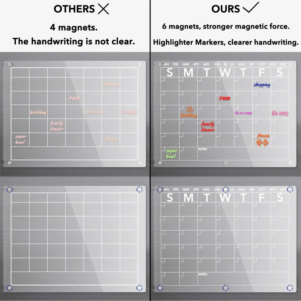 Neatsure Acrylic Magnetic Dry Erase Board Calendar for Fridge 38cm x 28cm (15"x11") | Clear Monthly Planner with 8 Markers - view 3