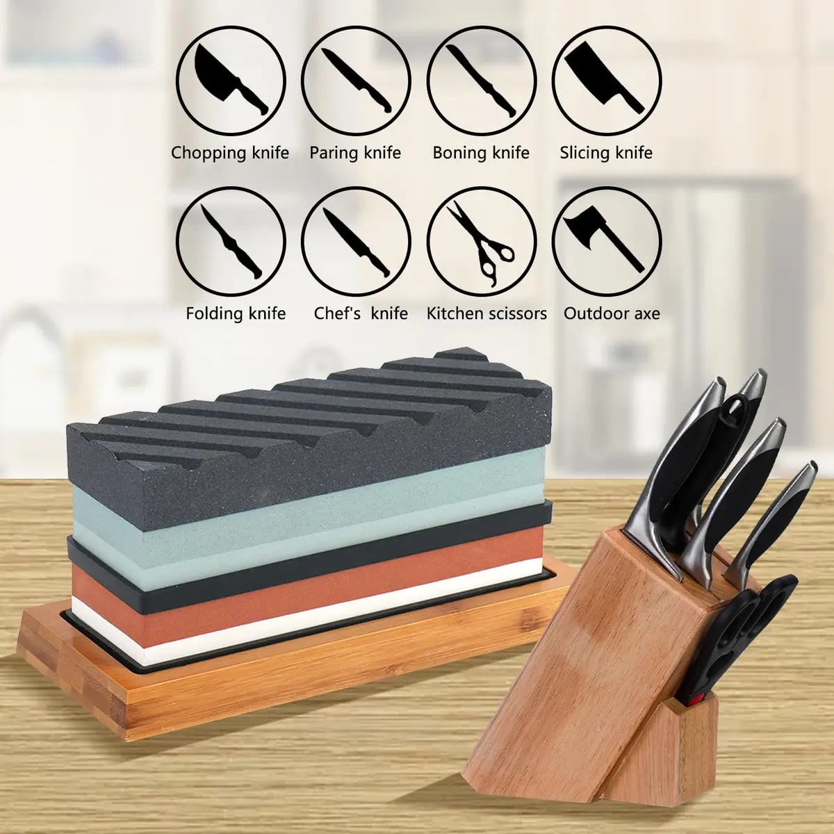 Lrker 4-Side Whetstone Sharpener Set 400/1000/3000/8000 Grit with Bamboo Base & Cut Resistant Gloves - view 7