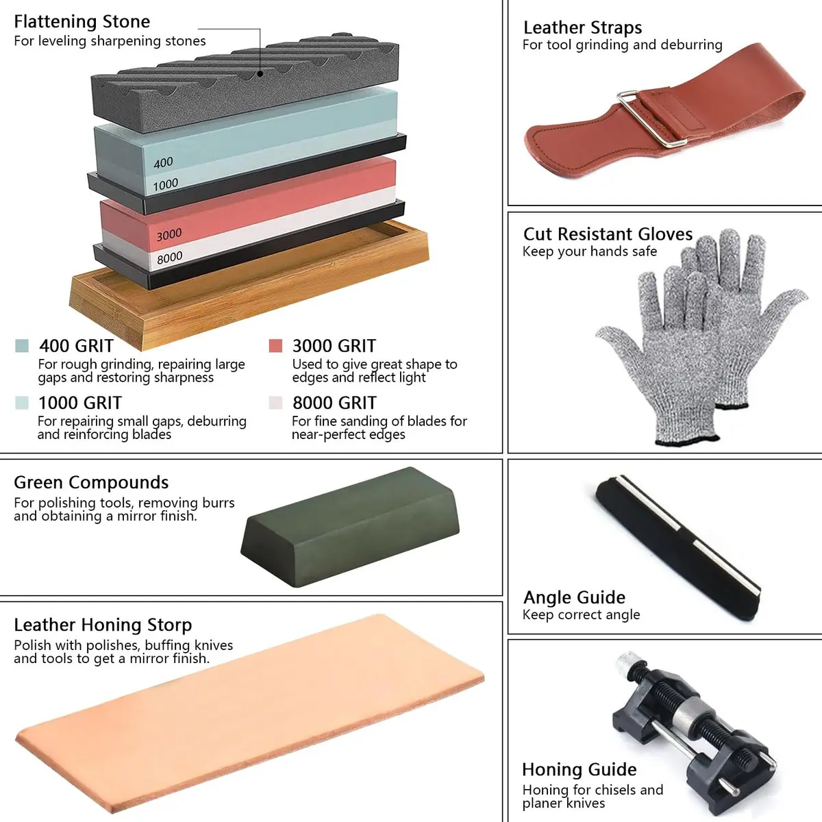 Lrker 4-Side Whetstone Sharpener Set 400/1000/3000/8000 Grit with Bamboo Base & Cut Resistant Gloves - view 2