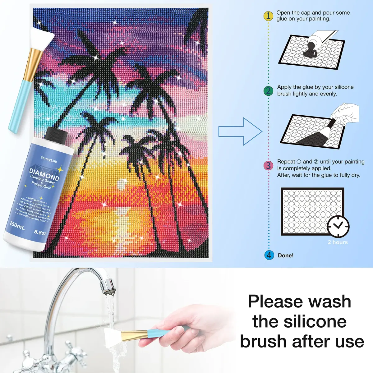 VansyLife Diamond Painting Sealer with Silicone Brush, 750ml (26.4 OZ) | Keeps Diamond Art Glossy & Permanent - view 5