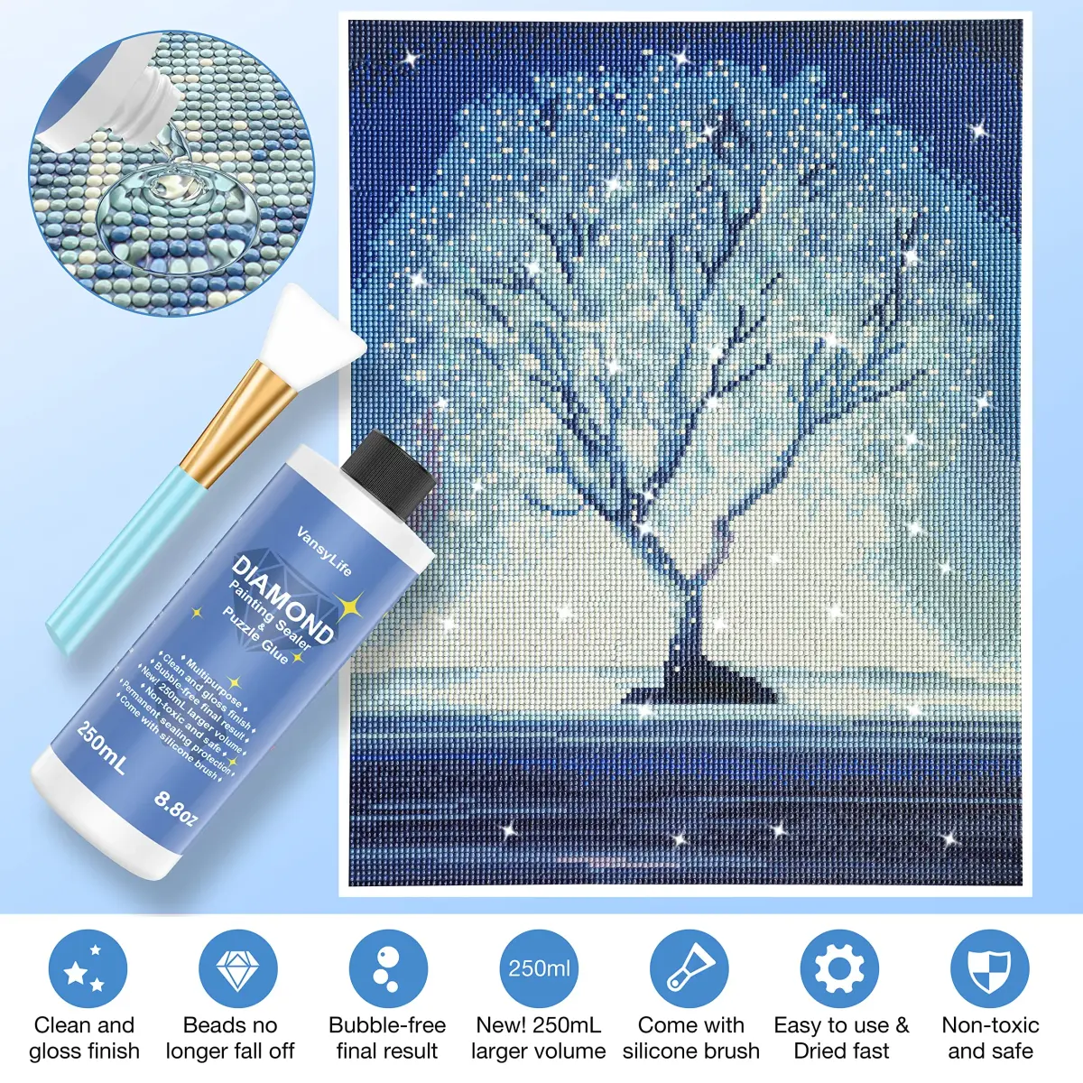 VansyLife Diamond Painting Sealer with Silicone Brush, 750ml (26.4 OZ) | Keeps Diamond Art Glossy & Permanent - view 2