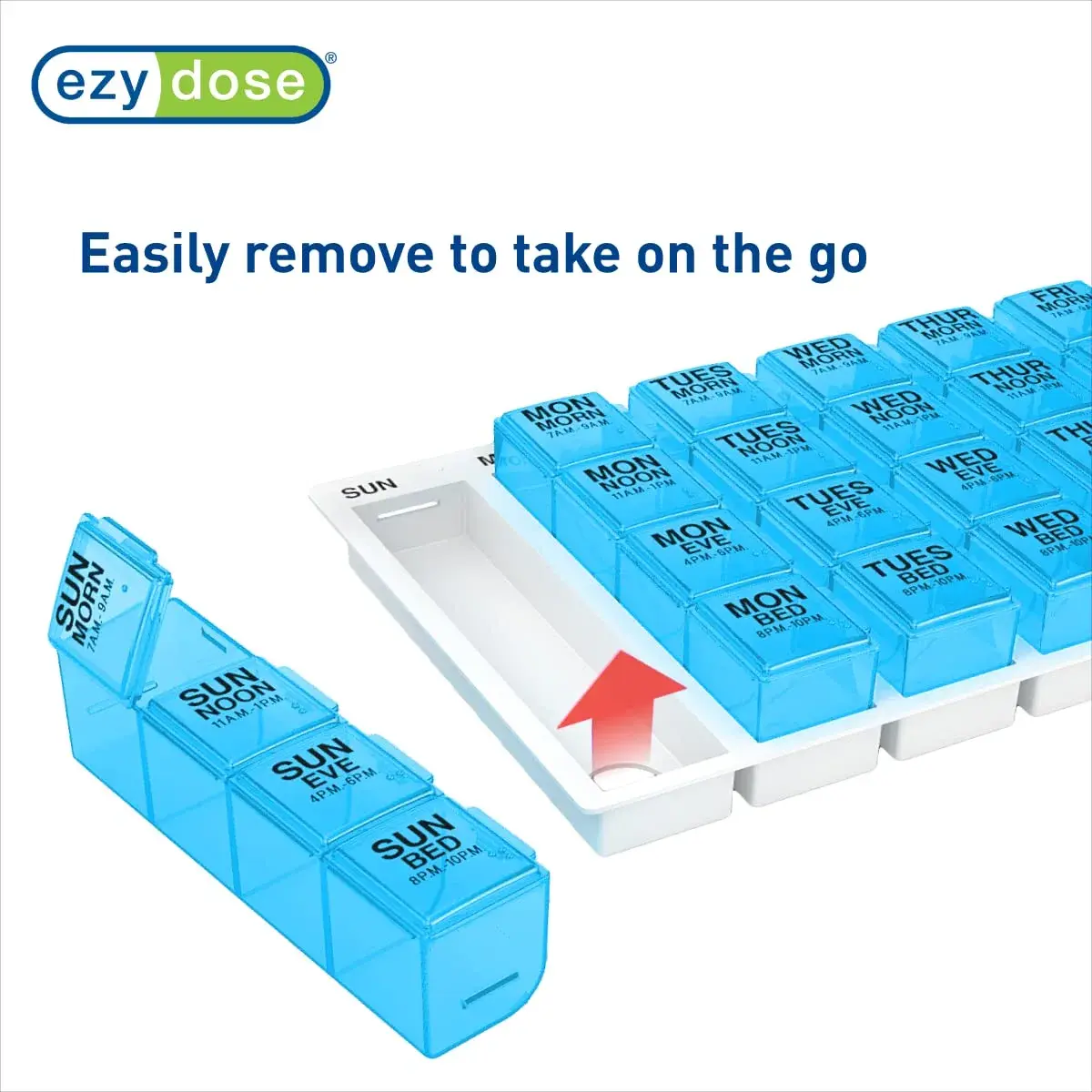 EZY DOSE Pop-Out Daily 7-Day Pill Organizer, Blue, Large | 4 Doses/Day, Removable Compartments, 10 x 5.5 x 1.25 inches - view 4