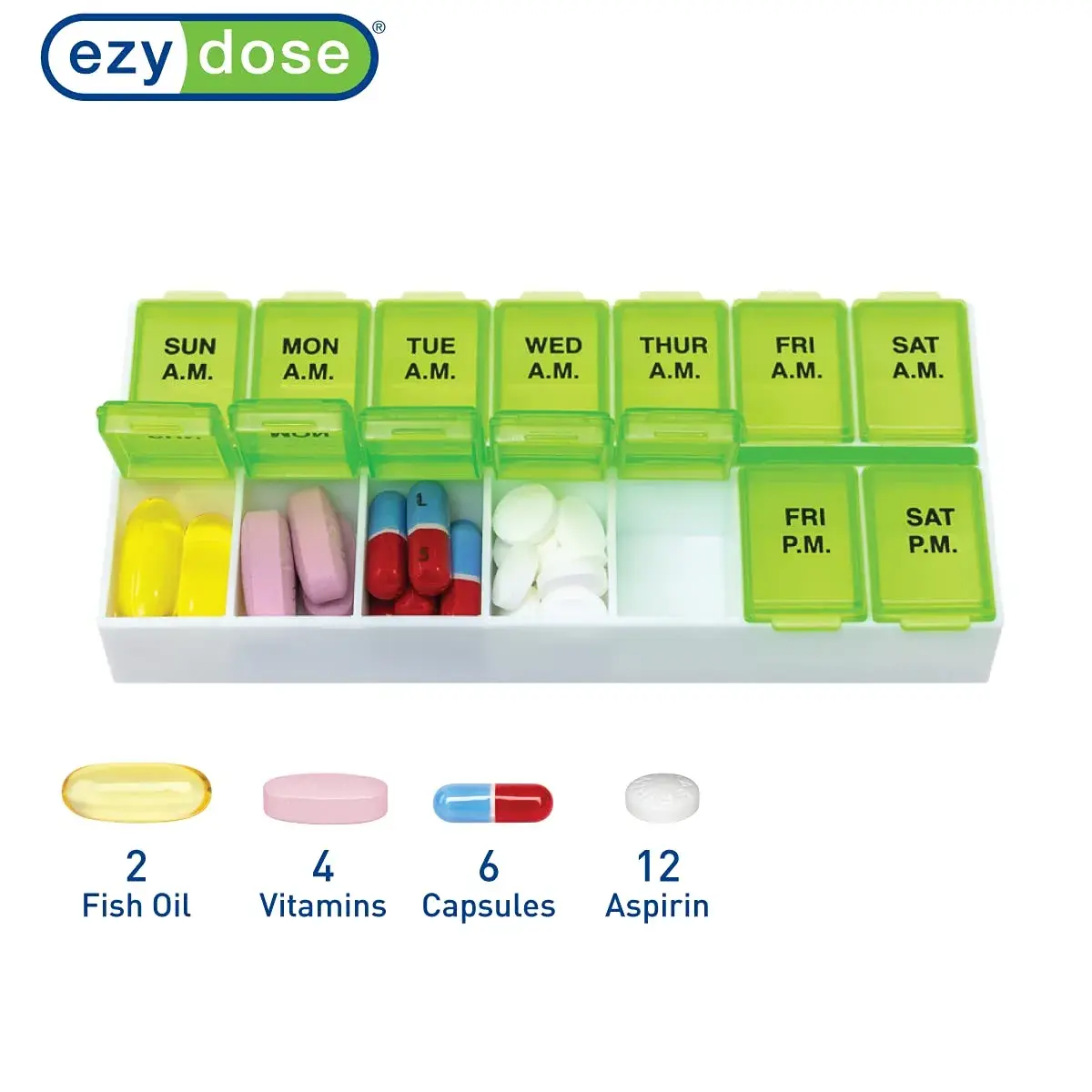 EZY DOSE Weekly AM/PM Pill Organizer Medium Medicine Case Green | 14 Compartments - view 3