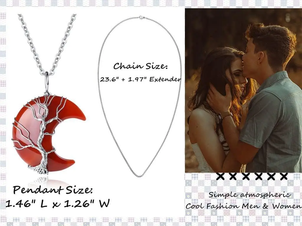 XIANNVXI Carnelian Necklace Crescent Moon Pendant 1.46" x 1.26" | Natural Crystal & Stainless Steel - view 6