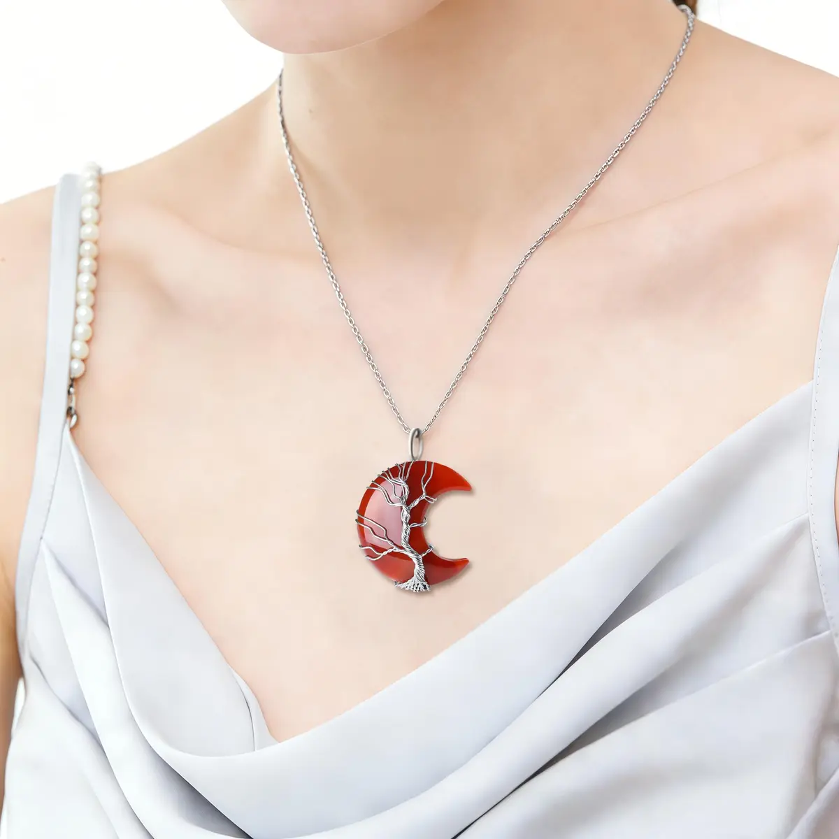 XIANNVXI Carnelian Necklace Crescent Moon Pendant 1.46" x 1.26" | Natural Crystal & Stainless Steel - view 3