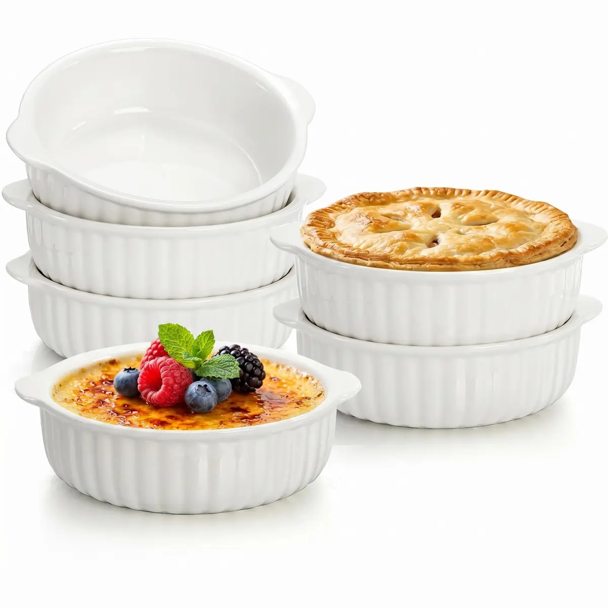 Mezchi 14 oz Porcelain Ramekins Oven Safe | Large Ceramic Creme Brulee & Souffle Dishes with Handles - main product image