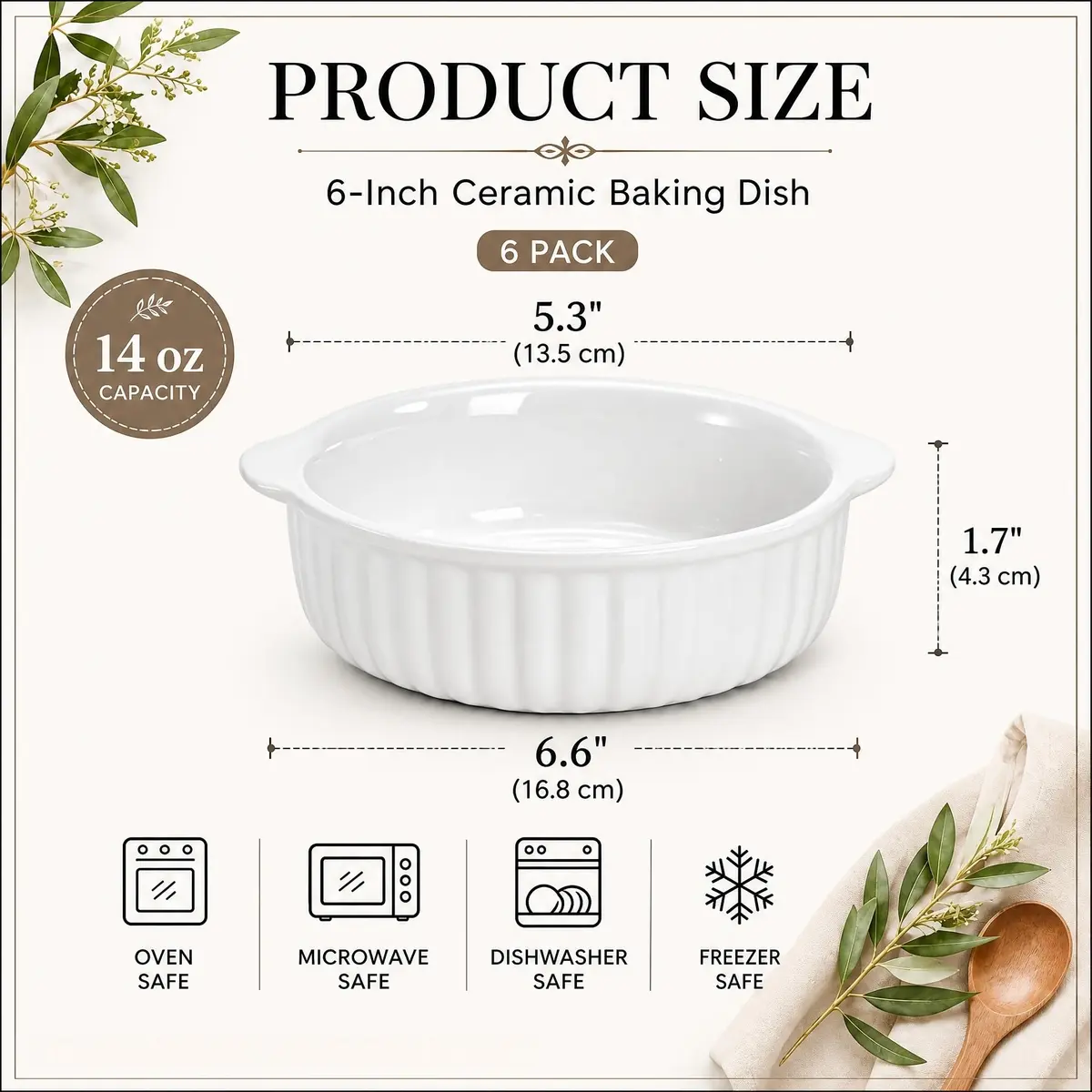 Mezchi 14 oz Porcelain Ramekins Oven Safe | Large Ceramic Creme Brulee & Souffle Dishes with Handles - view 3