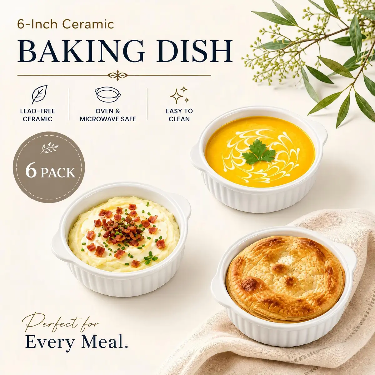 Mezchi 14 oz Porcelain Ramekins Oven Safe | Large Ceramic Creme Brulee & Souffle Dishes with Handles - view 4