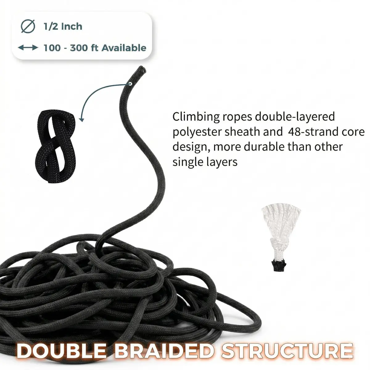 DerziNet Double Braided Arborist Rope 12.7 mm (1/2 Inch) x 15.24 m (50 Feet) Black | 8400 lb Tensile Strength - view 7