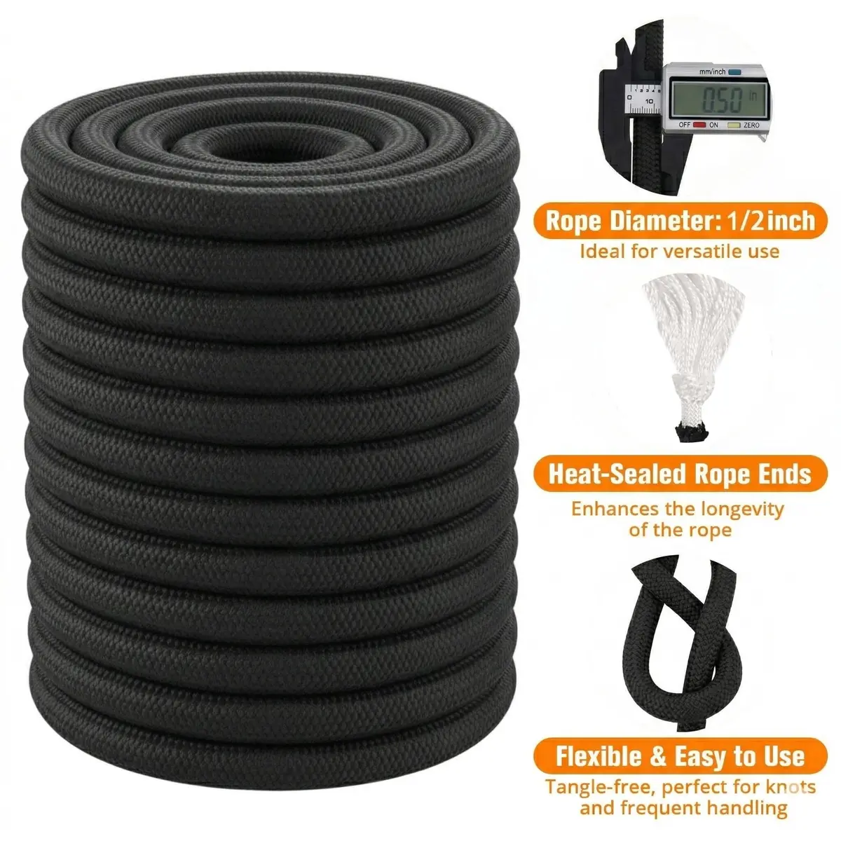 DerziNet Double Braided Arborist Rope 12.7 mm (1/2 Inch) x 15.24 m (50 Feet) Black | 8400 lb Tensile Strength - view 3