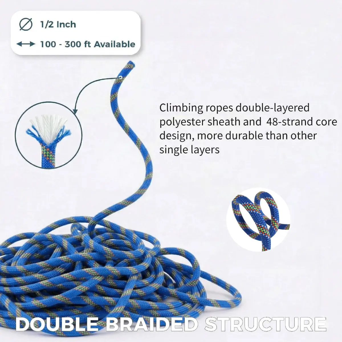 DerziNet Double Braided Arborist Rigging Rope 1/2" x 100 ft (12.7mm x 30.48m) | 8400 lb Tensile Strength Static Rope - view 8