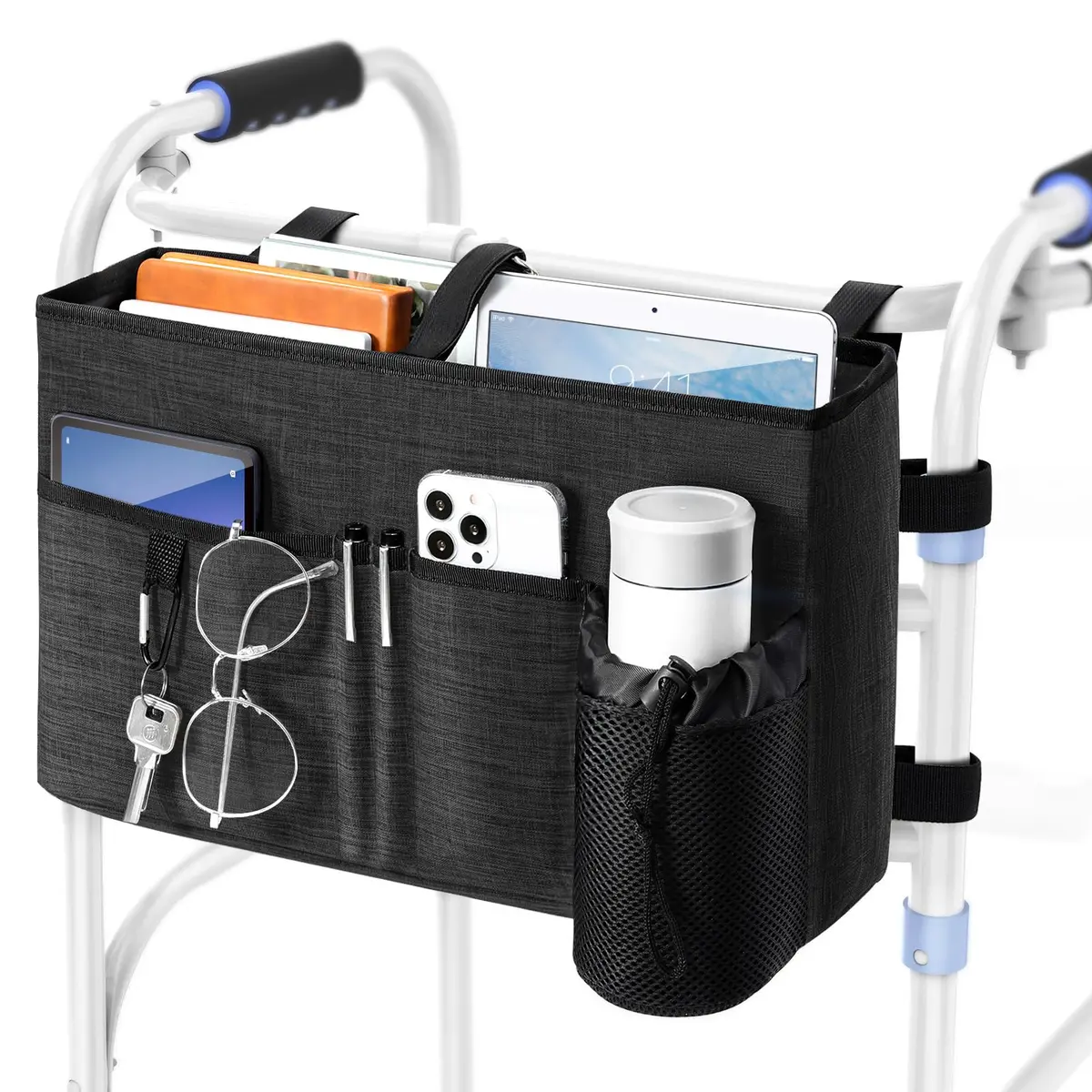 Rhino Valley Walker Basket with Cup Holder | Foldable Walker Bag for Seniors, Durable Polyester, Large Capacity, Easy Mounting - main product image