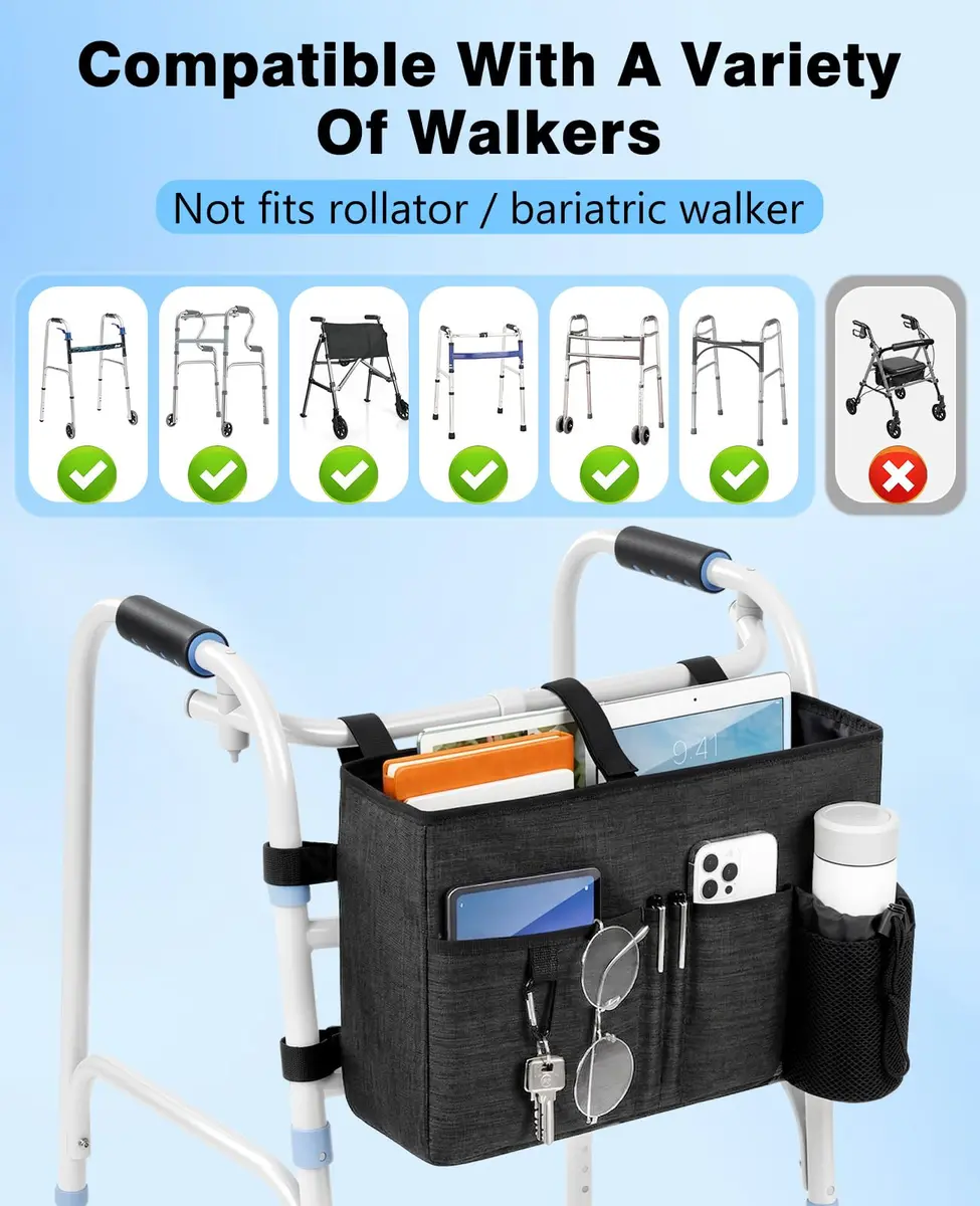 Rhino Valley Walker Basket with Cup Holder | Foldable Walker Bag for Seniors, Durable Polyester, Large Capacity, Easy Mounting - view 5