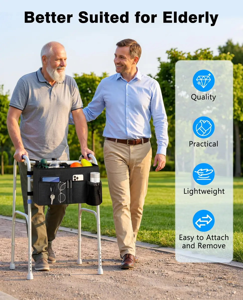 Rhino Valley Walker Basket with Cup Holder | Foldable Walker Bag for Seniors, Durable Polyester, Large Capacity, Easy Mounting - view 6