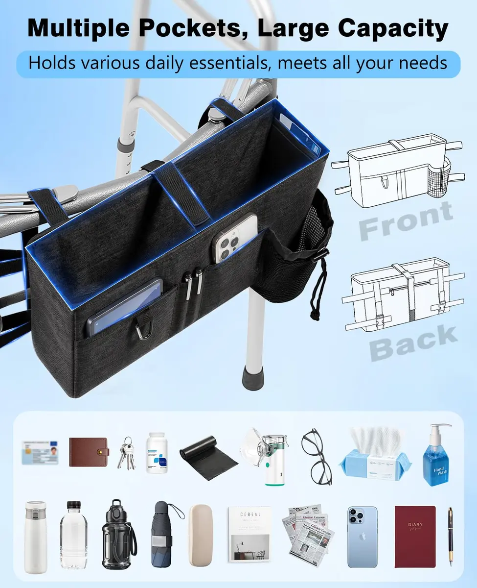 Rhino Valley Walker Basket with Cup Holder | Foldable Walker Bag for Seniors, Durable Polyester, Large Capacity, Easy Mounting - view 2