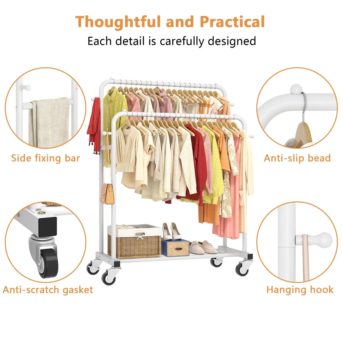 Laiensia Double Rods Garment Rack with Wheels | Multi-functional White Clothing Organizer - view 5