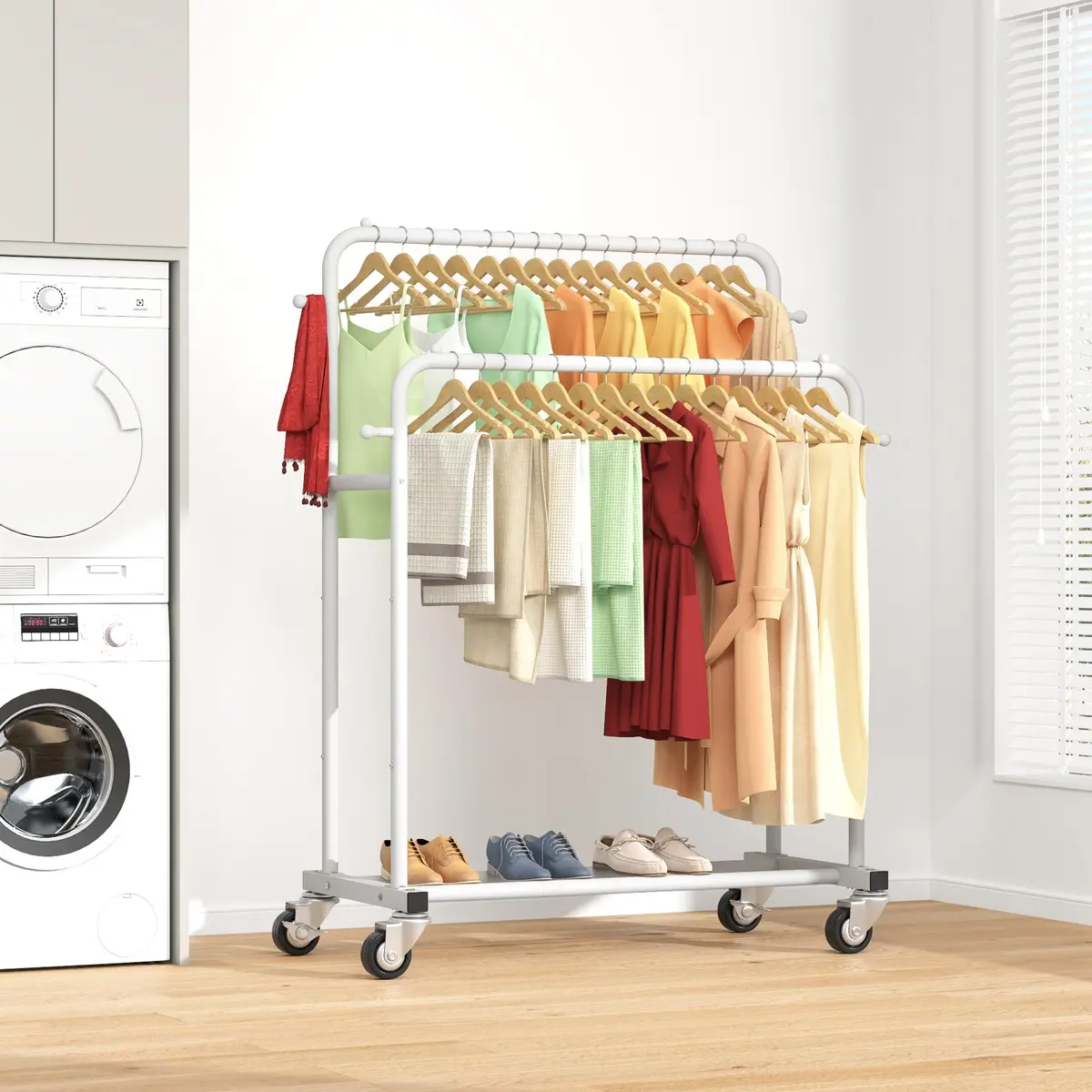 Laiensia Double Rods Garment Rack with Wheels | Multi-functional White Clothing Organizer - view 8
