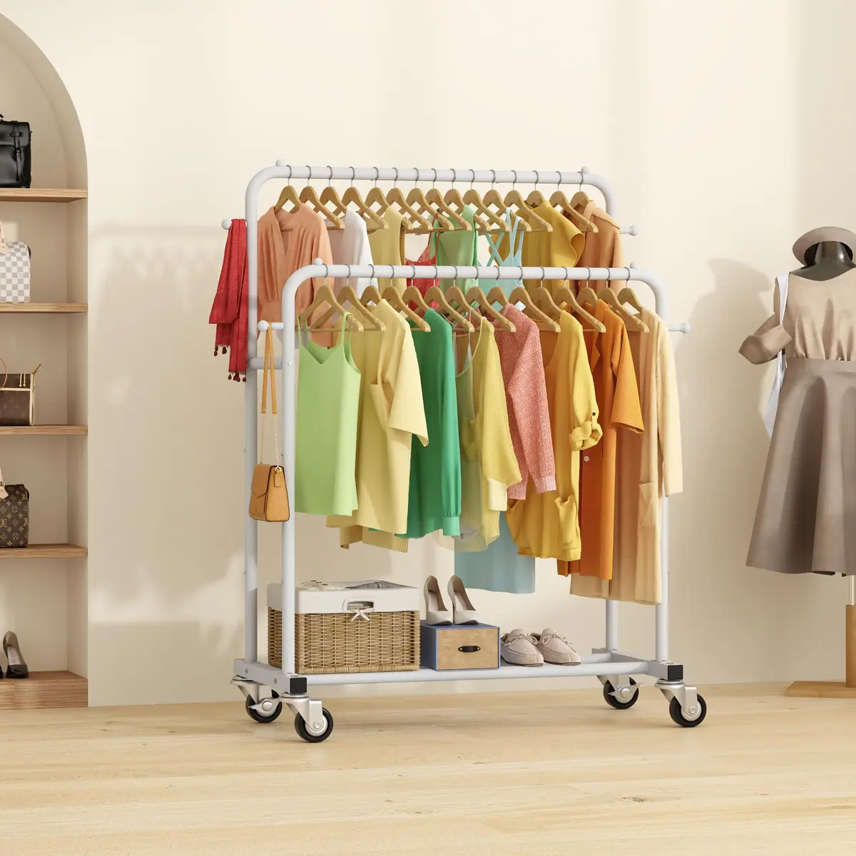 Laiensia Double Rods Garment Rack with Wheels | Multi-functional White Clothing Organizer - view 9