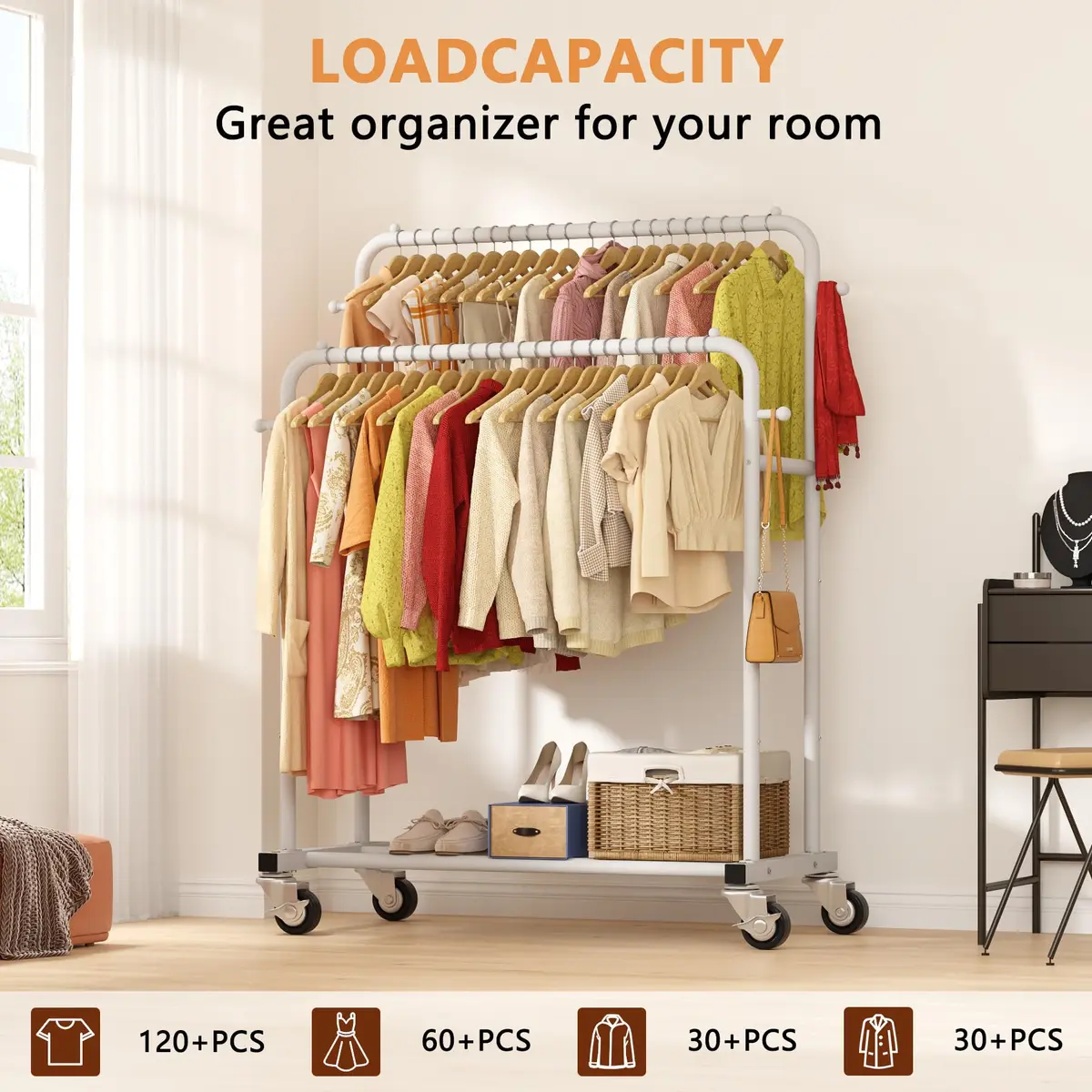 Laiensia Double Rods Garment Rack with Wheels | Multi-functional White Clothing Organizer - view 2
