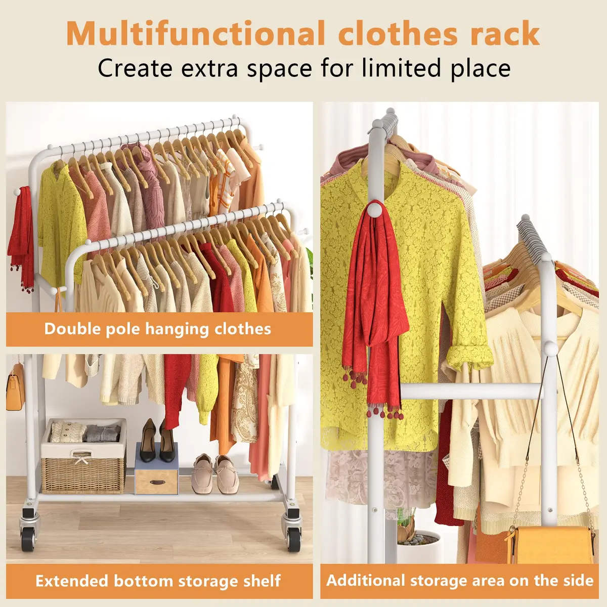 Laiensia Double Rods Garment Rack with Wheels | Multi-functional White Clothing Organizer - view 4