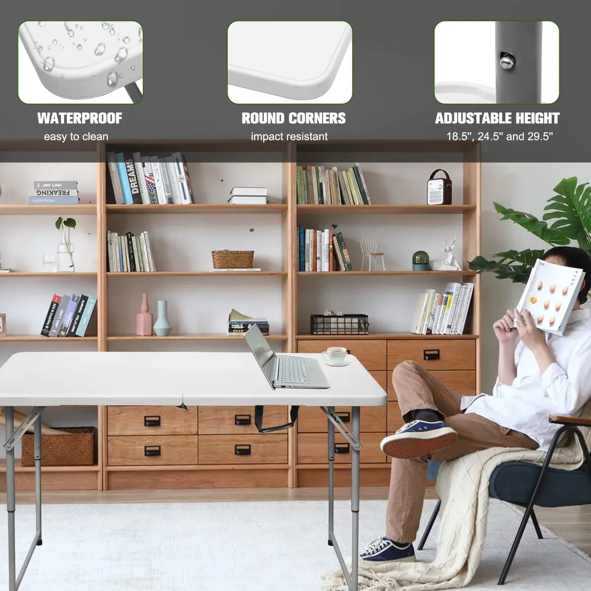 Byliable Folding Table 4 Foot | Heavy Duty Plastic Utility Table, White, 4ft, Foldable & Portable - view 6
