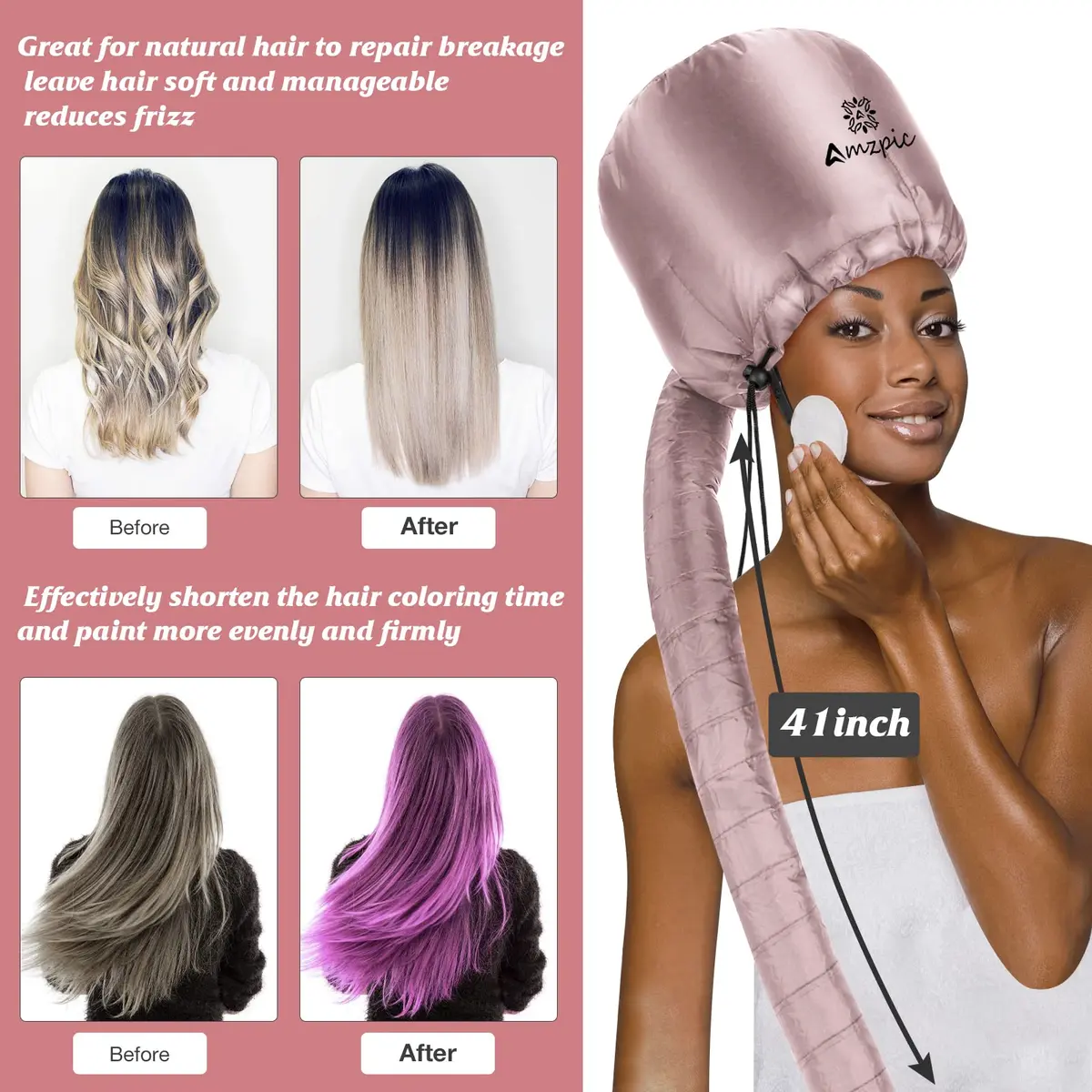 Amzpic Bonnet Hood Hair Dryer Attachment Extra Large Pink | Deep Conditioning & Styling - view 6