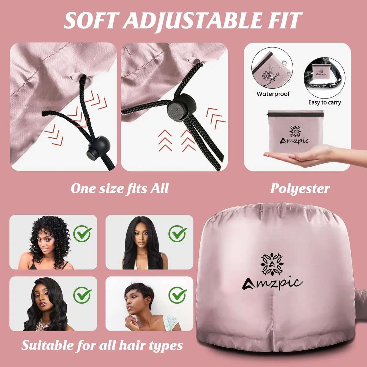 Amzpic Bonnet Hood Hair Dryer Attachment Extra Large Pink | Deep Conditioning & Styling - view 7