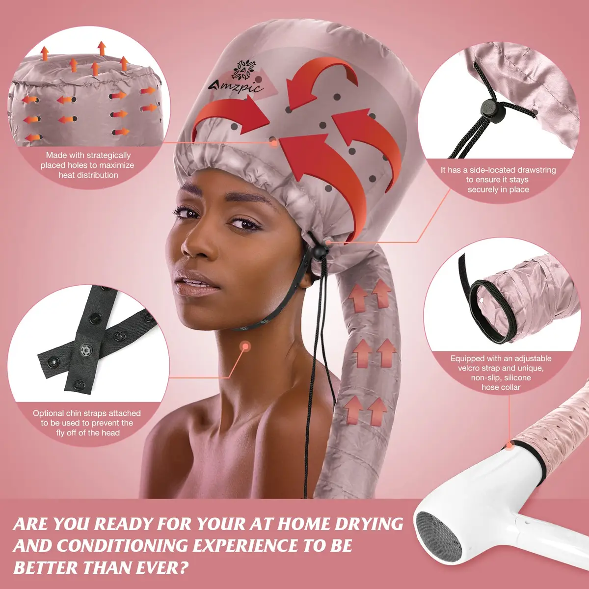 Amzpic Bonnet Hood Hair Dryer Attachment Extra Large Pink | Deep Conditioning & Styling - view 2