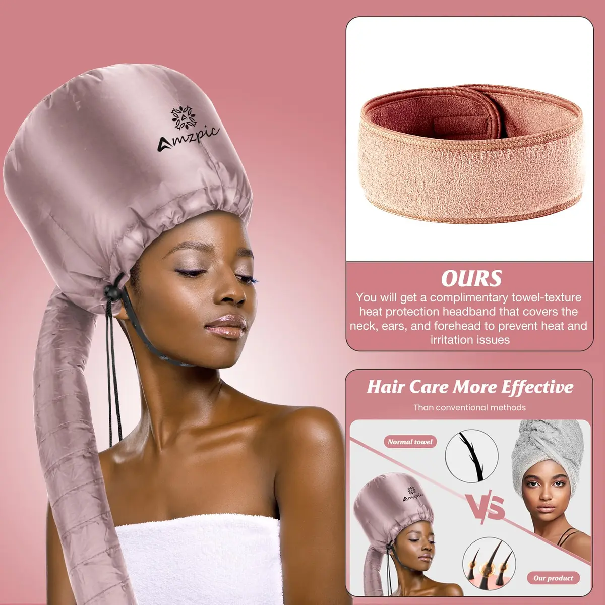 Amzpic Bonnet Hood Hair Dryer Attachment Extra Large Pink | Deep Conditioning & Styling - view 3