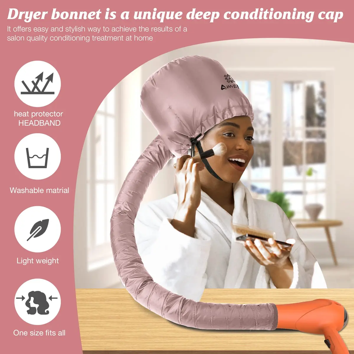 Amzpic Bonnet Hood Hair Dryer Attachment Extra Large Pink | Deep Conditioning & Styling - view 4