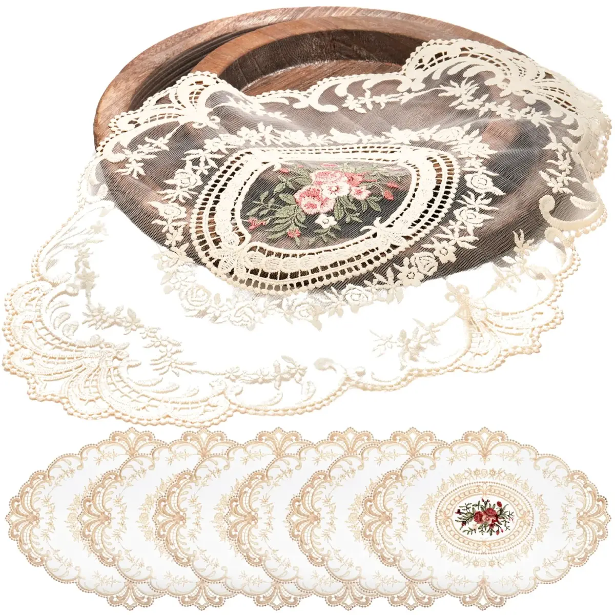 Mezchi Retro French Style Lace Placemats 30cm (12'') x 40cm (16'') Oval, Set of 6 | Elegant Victorian Decor for Dining Tables - main product image