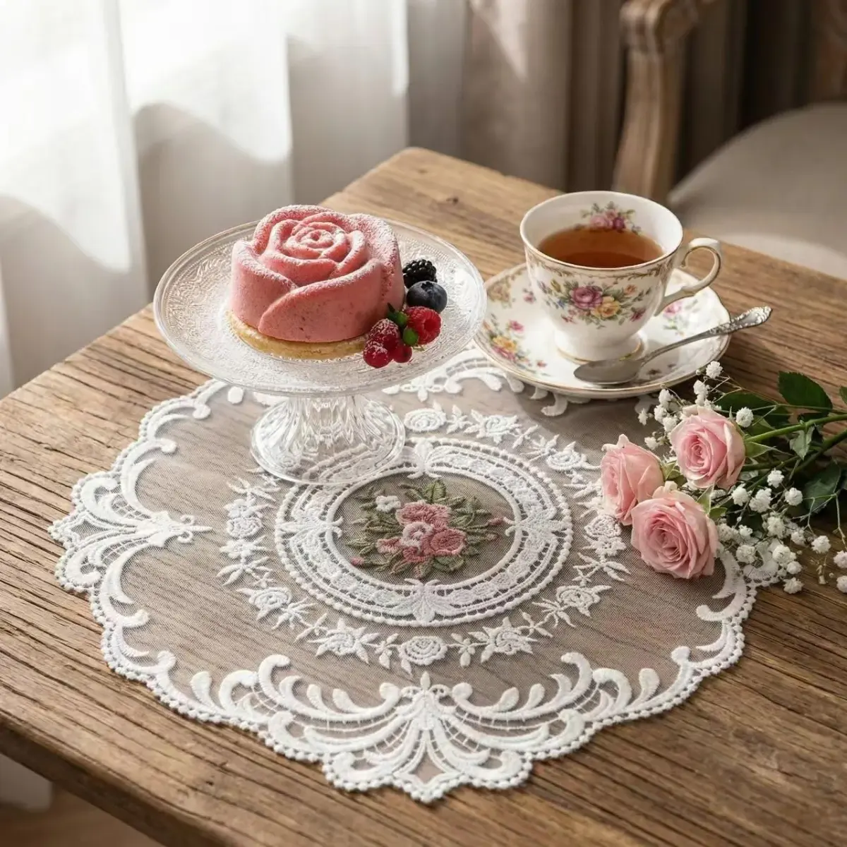 Mezchi 6 Pack Retro French Style Lace Placemats 28cm (11 inch) Round | Vintage Crochet Doilies for Tables - view 6