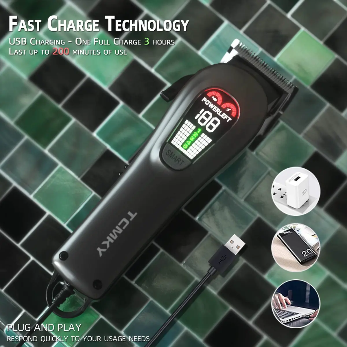 TCMKY Hair Clippers for Men Rechargeable Cordless & Corded | Powerful Alloy Steel Blade, LED Display, Light & Quiet Operation - view 6