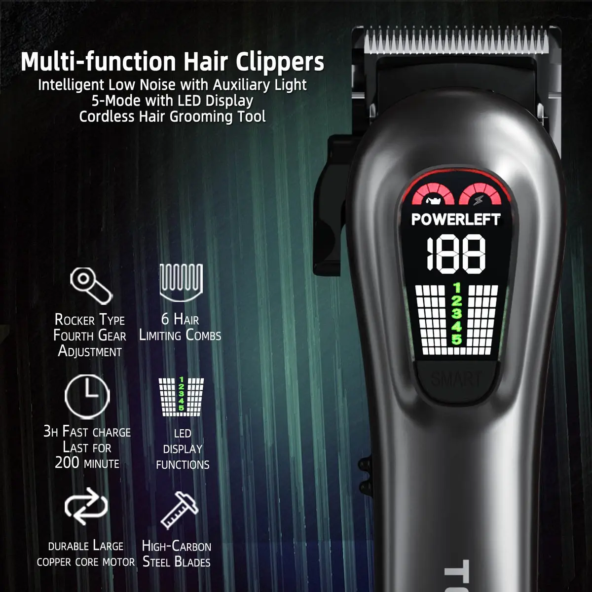 TCMKY Hair Clippers for Men Rechargeable Cordless & Corded | Powerful Alloy Steel Blade, LED Display, Light & Quiet Operation - view 2