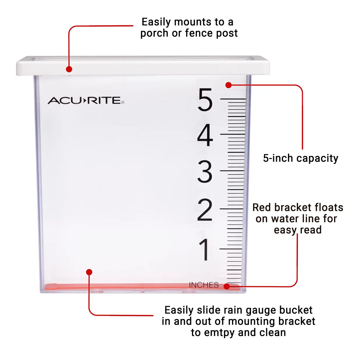 AcuRite Waterfall Rain Gauge with 5-inch Capacity | Clear Acrylic with Floating Red Marker - view 3