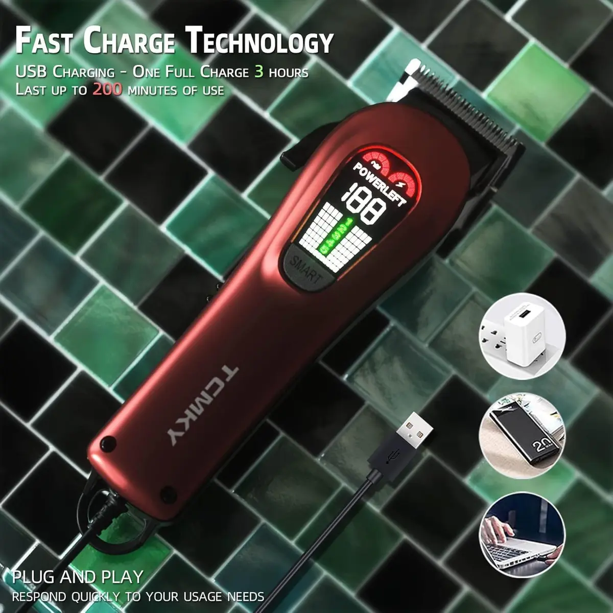 TCMKY Hair Clippers for Men Rechargeable Cordless & Corded | Powerful Steel Blade, LED Display, 200 Min Run - view 6
