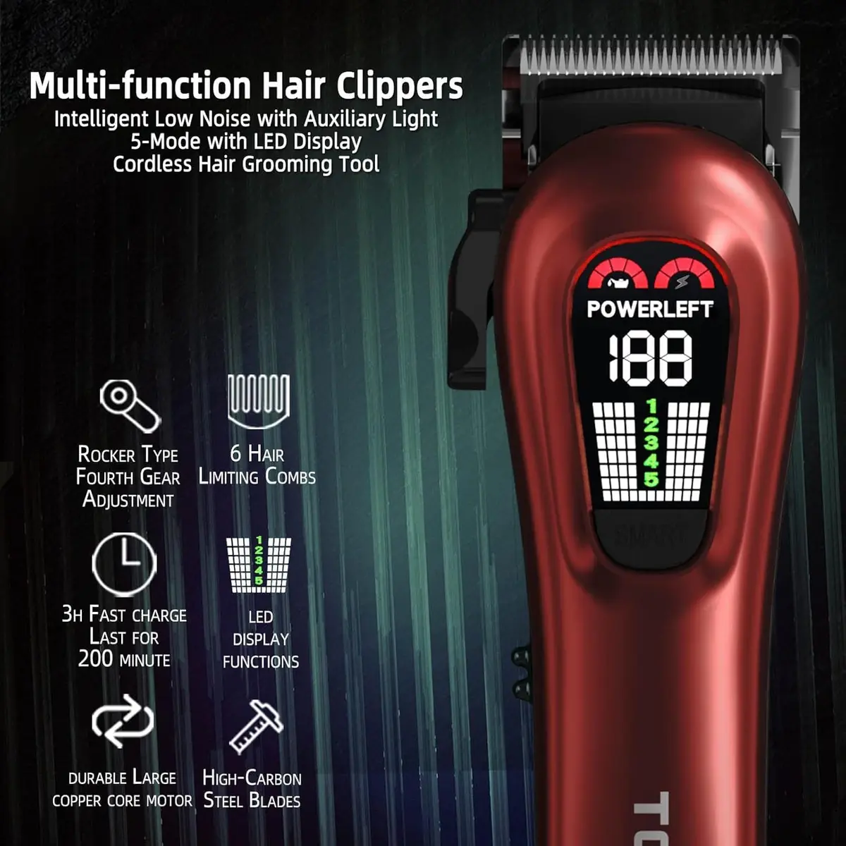 TCMKY Hair Clippers for Men Rechargeable Cordless & Corded | Powerful Steel Blade, LED Display, 200 Min Run - view 2