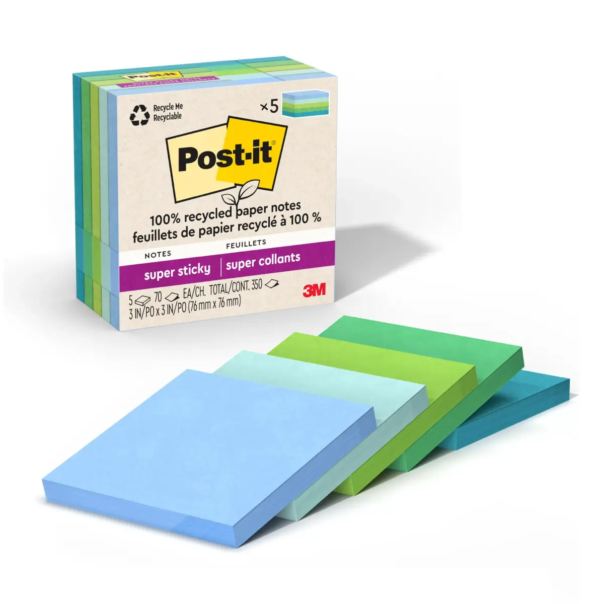 Post-it 100% Recycled Super Sticky Notes 3 x 3 in Oasis Collection (12 Pads, 70 Sheets/Pad) | Acid-Free Paper - main product image