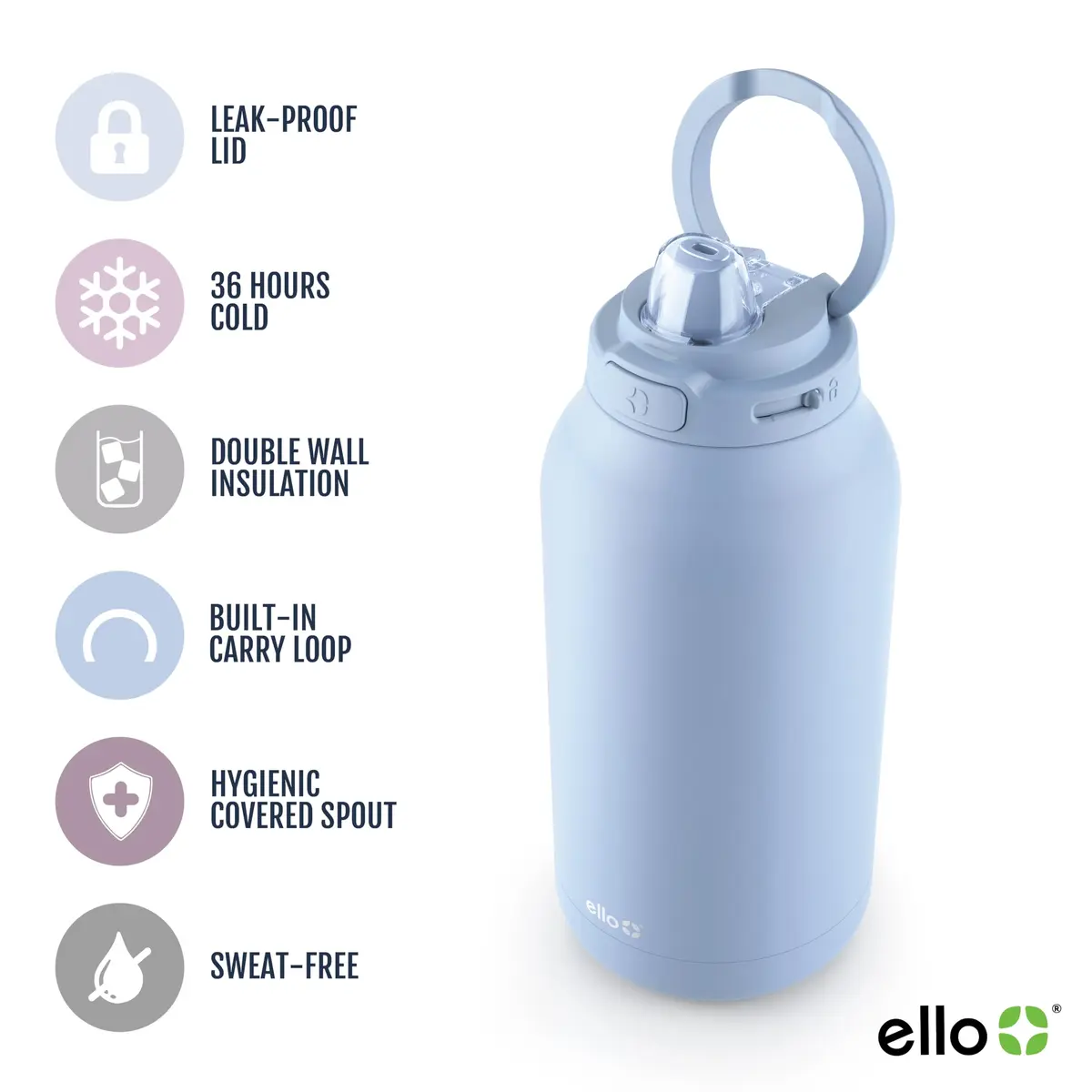 Ello Hydra 64oz Half Gallon Vacuum Insulated Stainless Steel Jug, Blue | Leakproof, Cold 40+ Hours, Easy Clean - view 3
