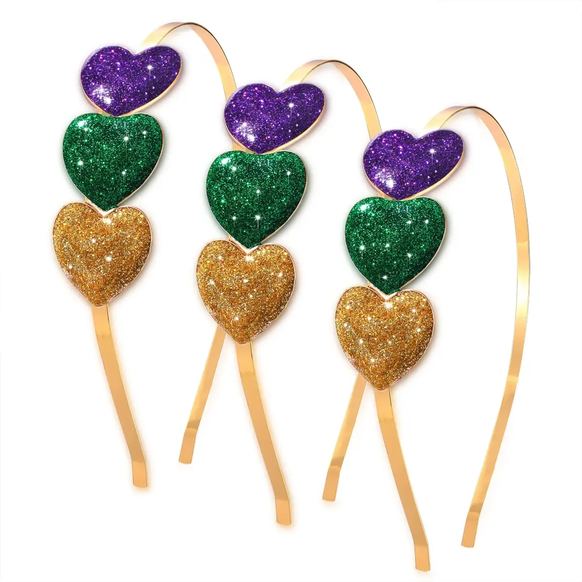 boderier Mardi Gras Glitter Heart Headband 3-Pack | Festive Purple, Green, Gold Accents - main product image