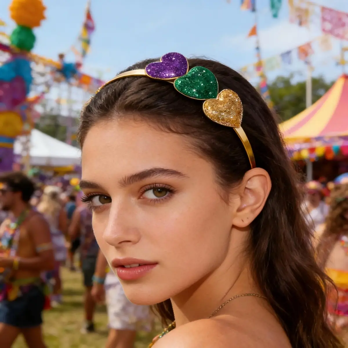 boderier Mardi Gras Glitter Heart Headband 3-Pack | Festive Purple, Green, Gold Accents - view 2