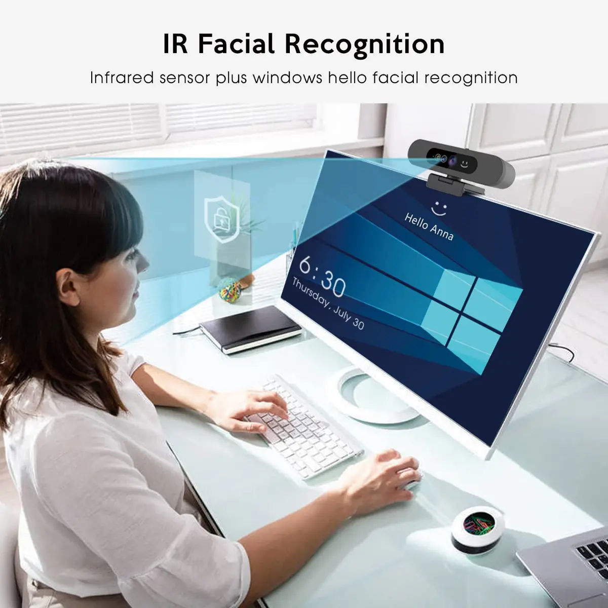 TOALLIN 1080P Webcam with Windows Hello, IR Facial Recognition | Full HD, Privacy Cover, Microphone - view 2