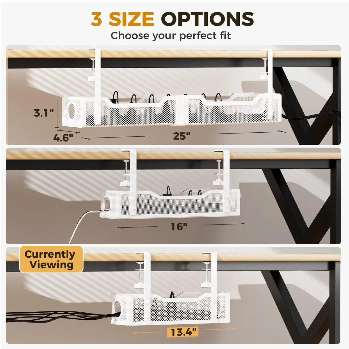 Cinati Under Desk Cable Management Tray, 13.4" Metal Cord Organizer, White | No Drill Clamp Mount - view 5