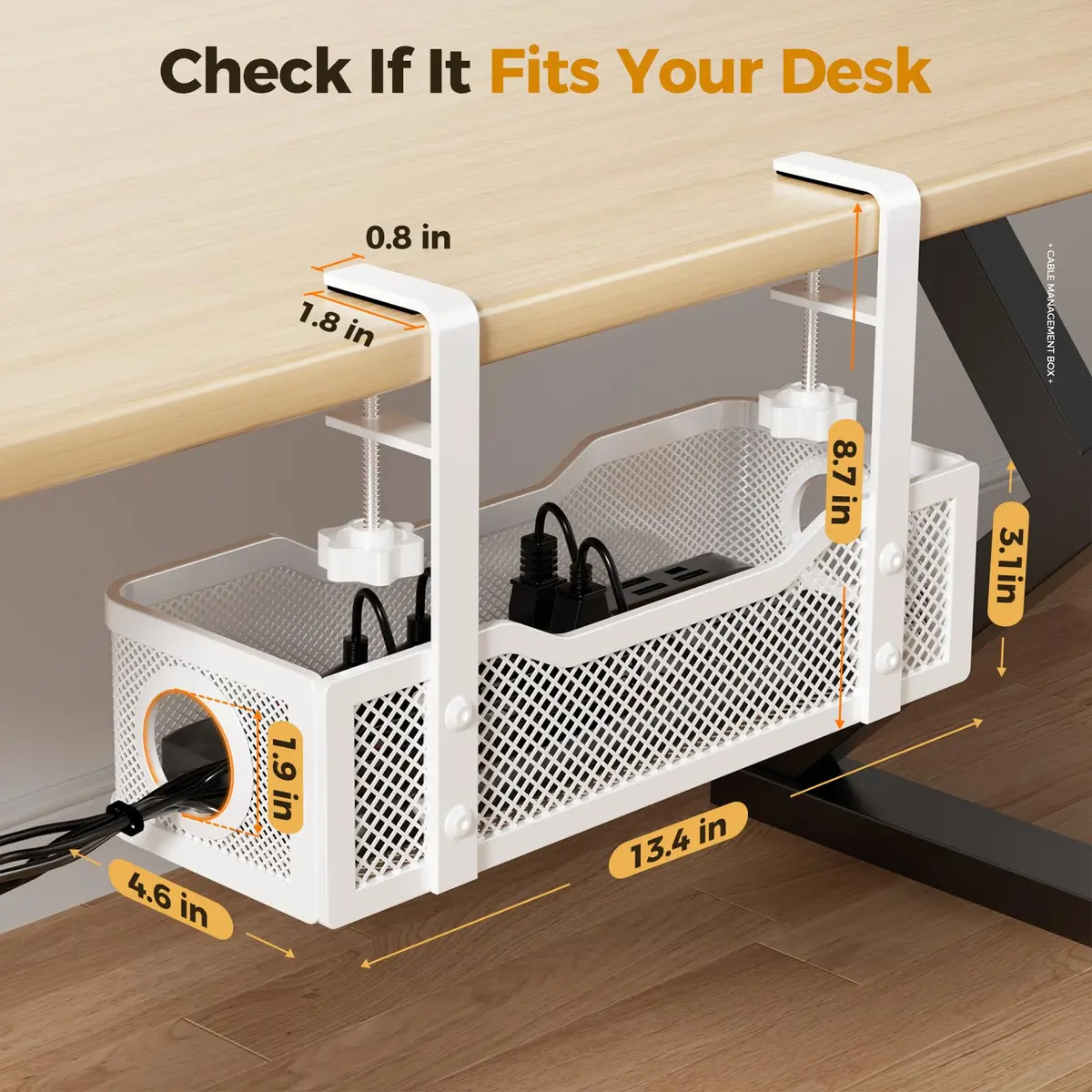 Cinati Under Desk Cable Management Tray, 13.4" Metal Cord Organizer, White | No Drill Clamp Mount - view 6