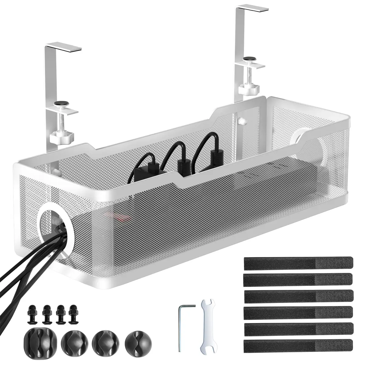 Cinati Under Desk Cable Management Tray, 13.4" Metal Cord Organizer, White | No Drill Clamp Mount - main product image