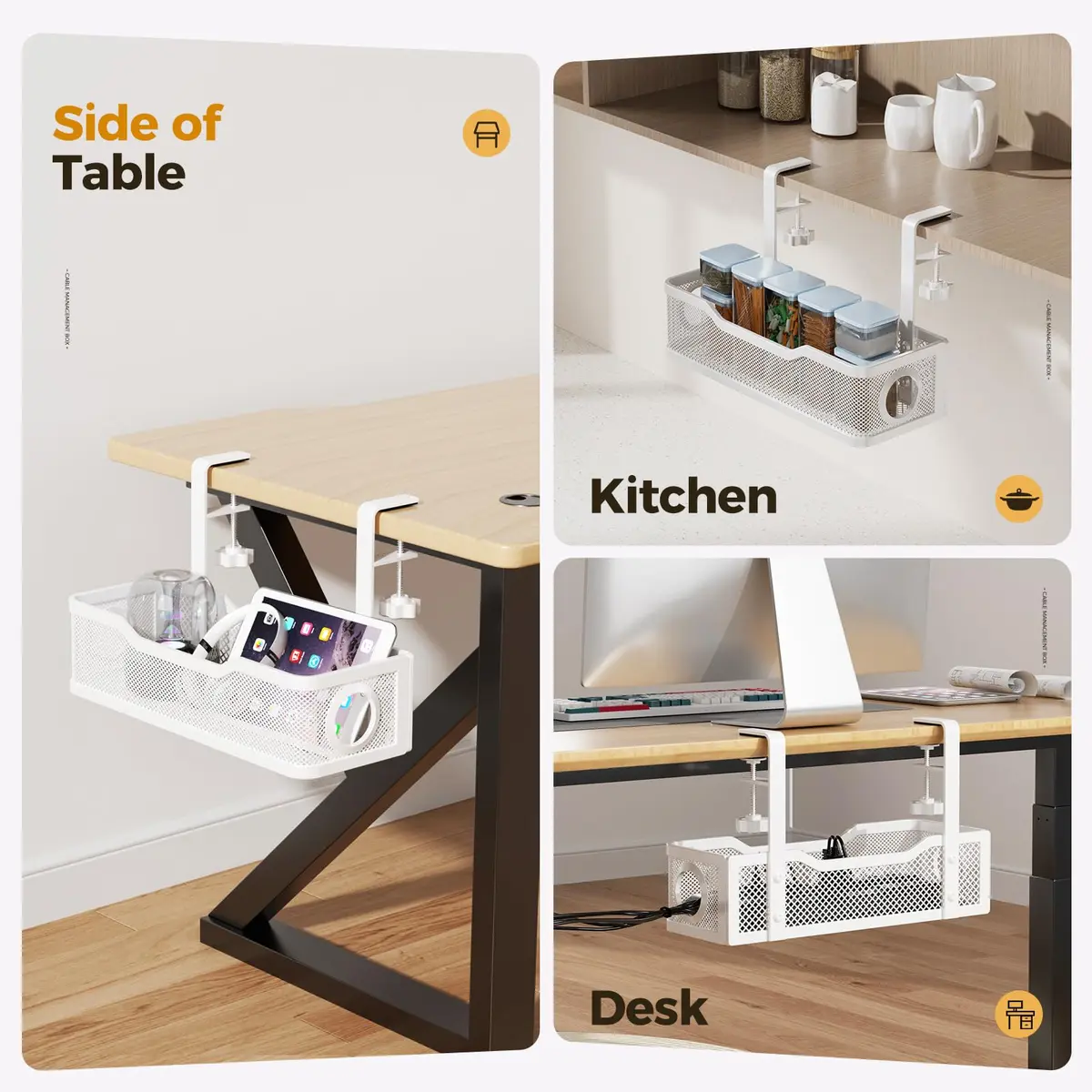 Cinati Under Desk Cable Management Tray, 13.4" Metal Cord Organizer, White | No Drill Clamp Mount - view 7