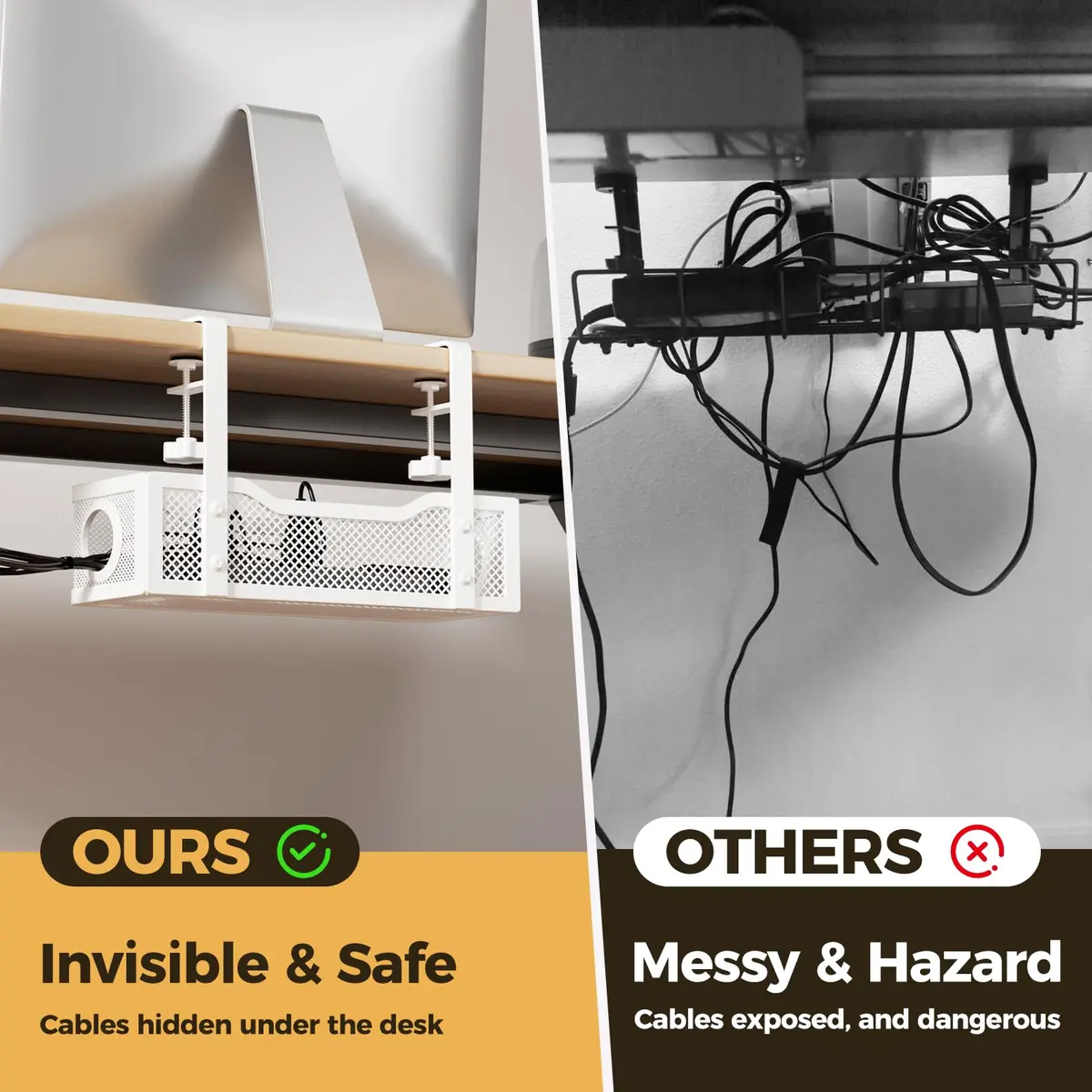Cinati Under Desk Cable Management Tray, 13.4" Metal Cord Organizer, White | No Drill Clamp Mount - view 3