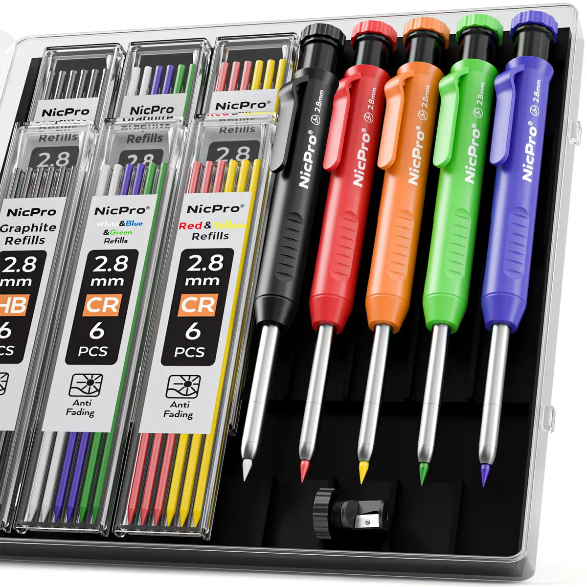 Nicpro 5 Pack Carpenter Pencils with Sharpener | 2.8mm Refills, Durable Metal & ABS Construction, Portable for Outdoor & Indoor Use - main product image