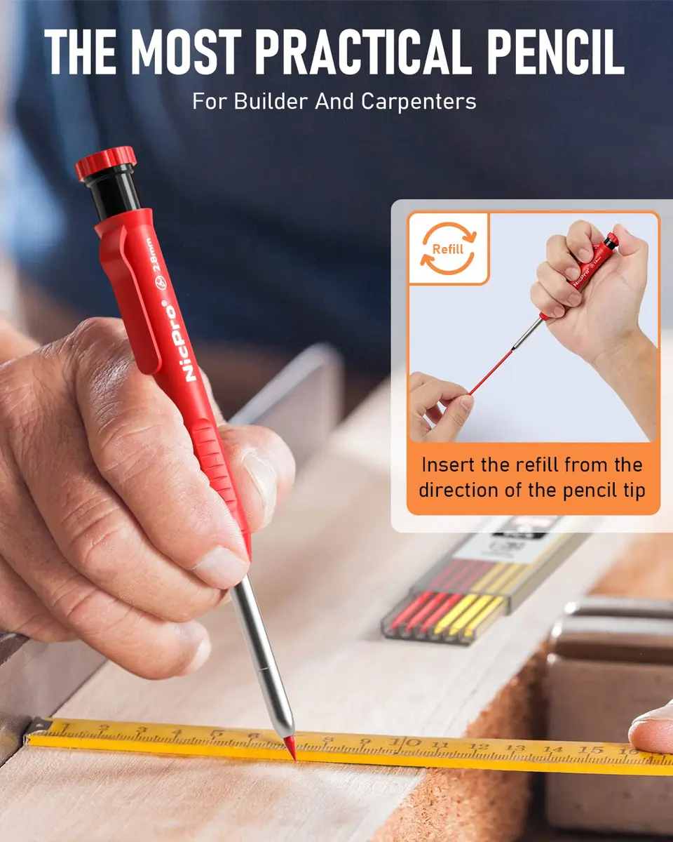 Nicpro 5 Pack Carpenter Pencils with Sharpener | 2.8mm Refills, Durable Metal & ABS Construction, Portable for Outdoor & Indoor Use - view 6