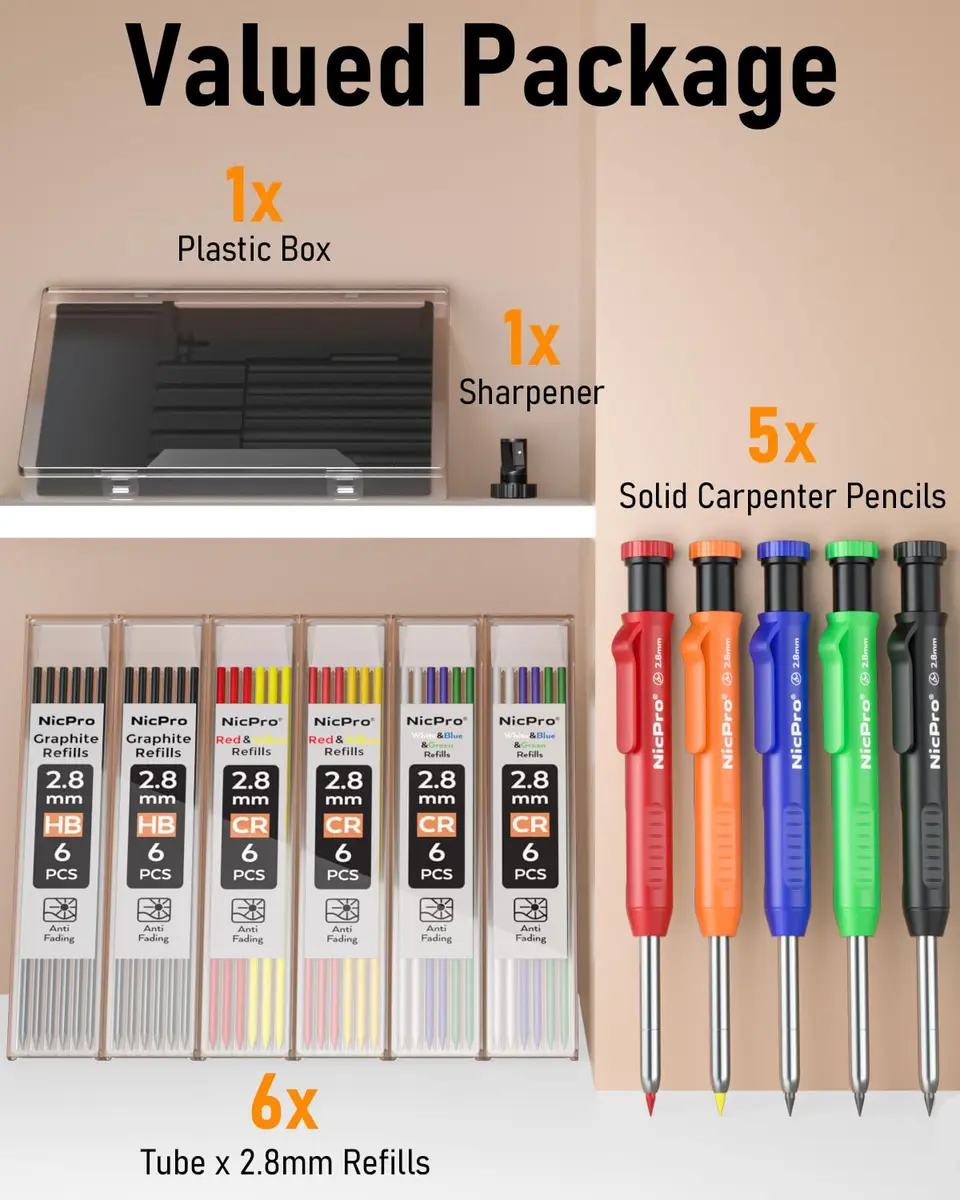 Nicpro 5 Pack Carpenter Pencils with Sharpener | 2.8mm Refills, Durable Metal & ABS Construction, Portable for Outdoor & Indoor Use - view 7